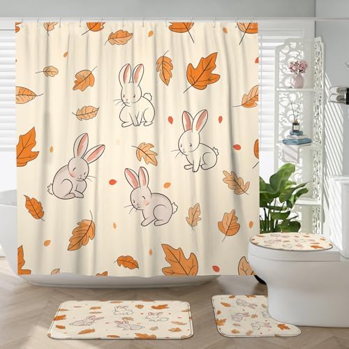 4PCS Fall Cartoon Rabbit Bathroom Set with Non-Slip Rug