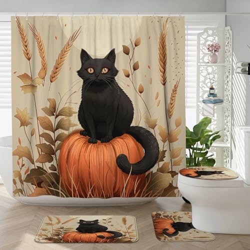 4PCS Fall Cartoon Cat Bath Accessory Set with Non-Slip Rug
