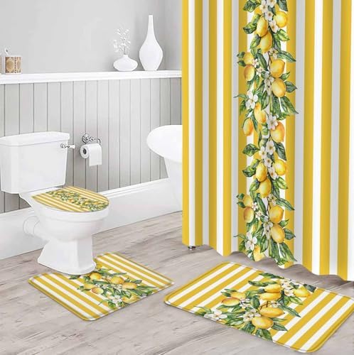 Yellow Lemon Bathroom Set with Shower Curtain Rug and Accessories 1