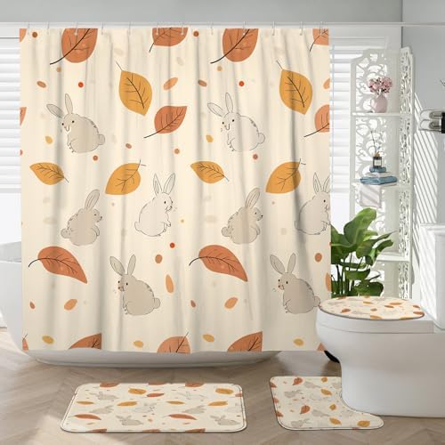 4PCS Fall Cartoon Rabbit Bathroom Set with Non-Slip Rug and Toilet Cover