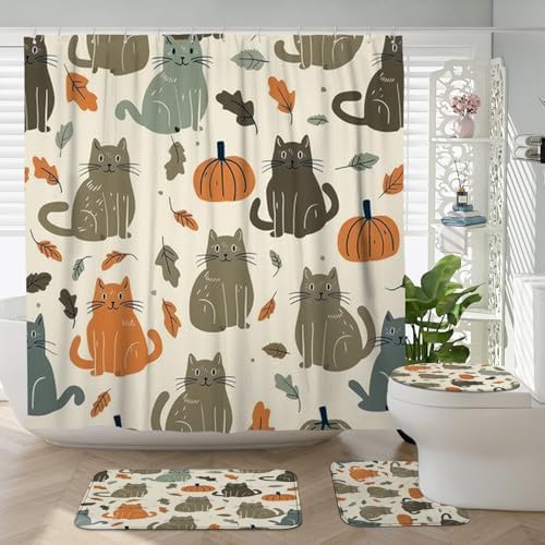 4PCS Fall Kawaii Cat Bathroom Set with Non-Slip Rug