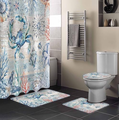 ZOE GARDEN Retro Blue Bathroom Set with Curtain Rug and Hooks
