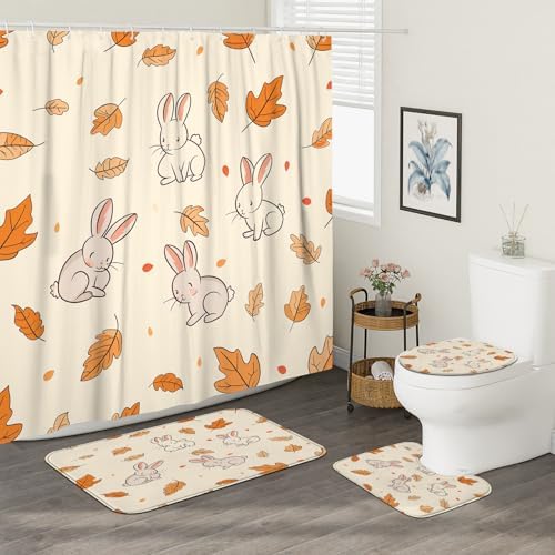 4PCS Fall Cartoon Rabbit Bathroom Set with Non-Slip Rug
