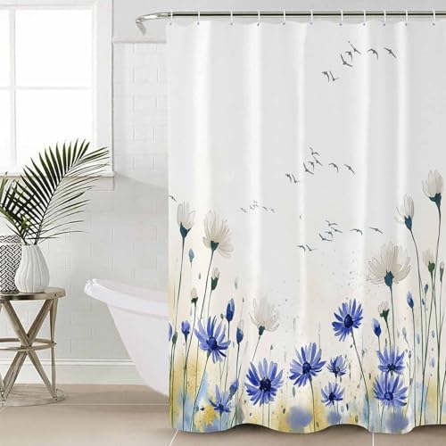 ZOE GARDEN Blue Daisy Bath Set with Curtain Rug and Hooks