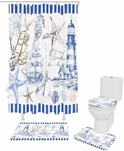 Coastal Blue Bathroom Set with Shower Curtain Rug and Accessories