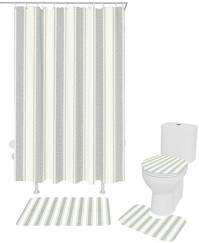 ZOE GARDEN Green Stripe Bathroom Set with Shower Curtain Rug and Accessories