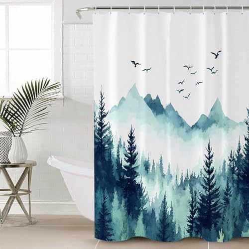 Turquoise Forest Bathroom Set with Curtain and Rug