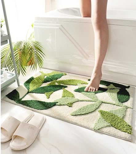 Green Leaves Bath Mat Non-Slip Microfiber