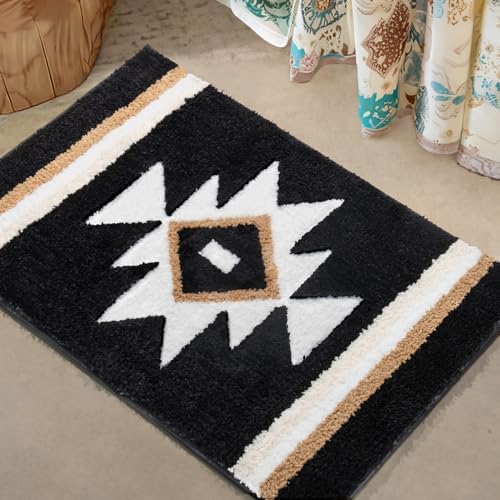 TANVILL Boho Bath Mat Non Slip Black Aztec Design