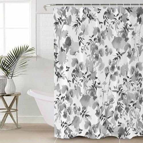 Gray Flower Bathroom Set with Curtain Rug and Hooks
