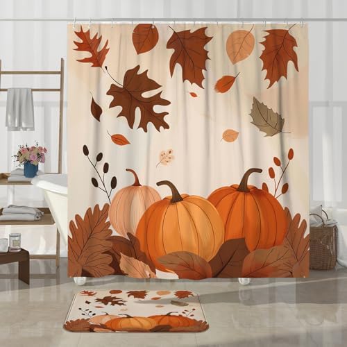 4PCS Fall Harvest Pumpkin Bathroom Set with Non-Slip Rug and U Shape