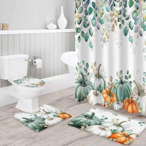 ZOE GARDEN Green Pumpkin Bathroom Set with Shower Curtain Rug and Accessories