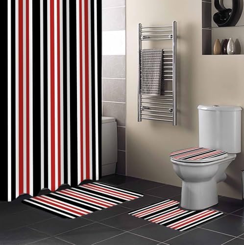 ZOE GARDEN Red Black Striped Bath Set with Curtain Rug Hooks