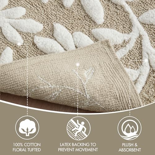 Madison Park Serene Cotton Tufted Bathroom Rug - Floral Leaf Design 21x34 Taupe