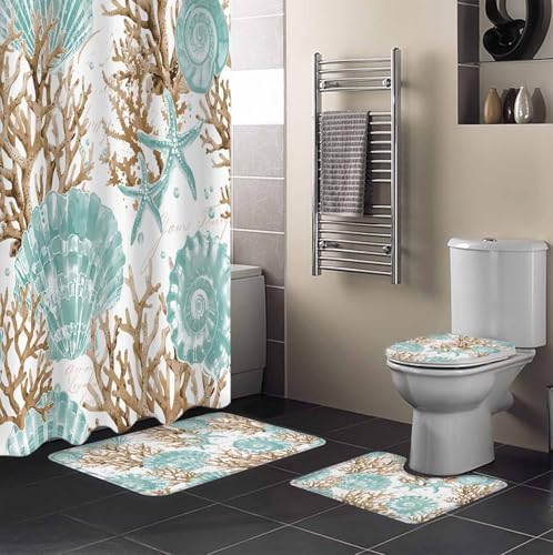 Turquoise Starfish Bathroom Set with Curtain Rug and Accessories