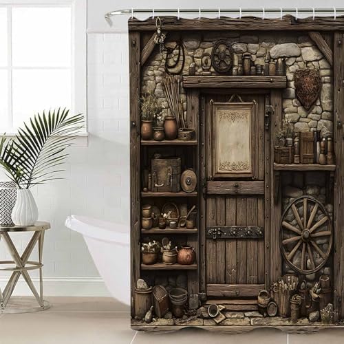 Farmhouse Wooden Bathroom Set with Shower Curtain and Rug Accessories