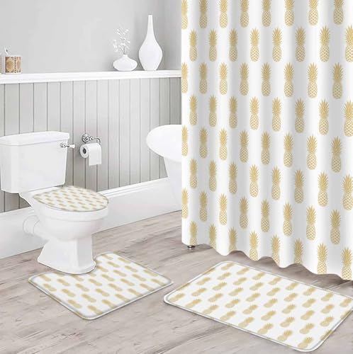 Yellow Pineapple Bathroom Set with Curtain Rug and Accessories