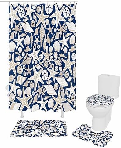 Navy Blue Ocean Bathroom Set with Rug and Accessories
