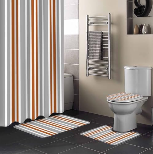 ZOE GARDEN Orange Striped Bathroom Set with Curtain and Rug
