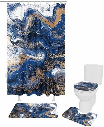Blue Marble Bathroom Set with Curtain and Rug Accessories