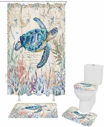 ZOE GARDEN Coastal Turtle Bathroom Set with Rug and Curtain