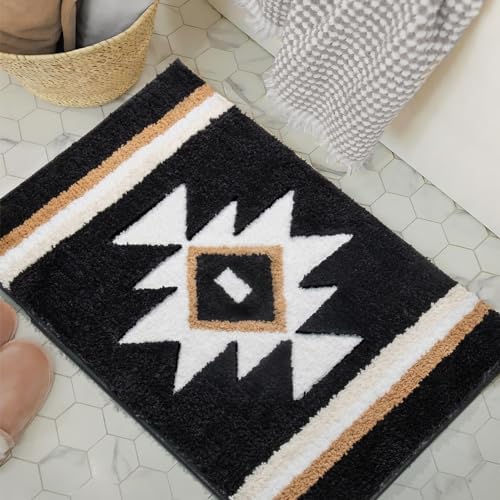 TANVILL Boho Bath Mat Non Slip Black Aztec Design