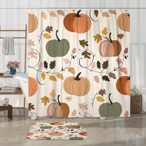 4PCS Fall Cream Pumpkin Bathroom Set with Non-Slip Rug and U Shape