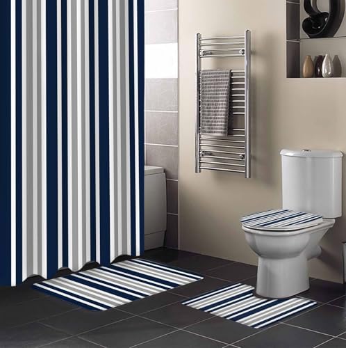 Navy Blue Grey Bathroom Set with Curtain Rug and Accessories 1