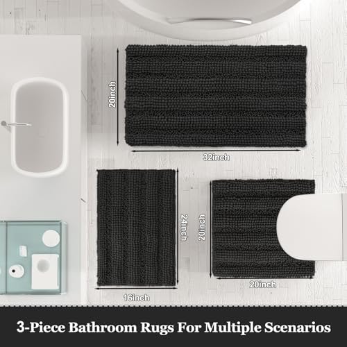 Ultra Soft Bath Rug Set 3 Piece Dark Grey