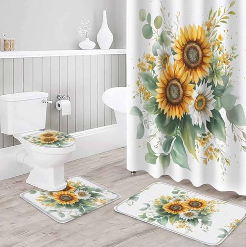 ZOE GARDEN Sunflower Bathroom Set with Curtain Rug and Hooks - 66x72 Inches