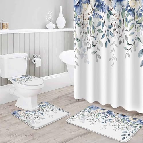 ZOE GARDEN Blue Eucalyptus Bathroom Set with Curtain Rug and Accessories