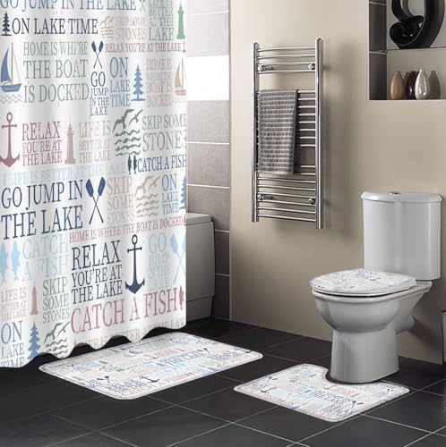 Coastal Nautical Bathroom Set with Curtain Rug and Accessories