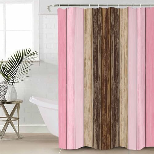 Pink Brown Wood Grain Bathroom Set with Shower Curtain Rug and Accessories