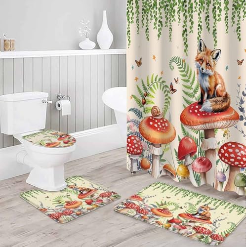 Mushroom Fox Bathroom Set - 36x72 Inches Retro Design