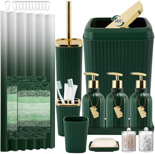 WSBArt 32PCS Bathroom Set with Hunter Green Shower Curtain and Rugs