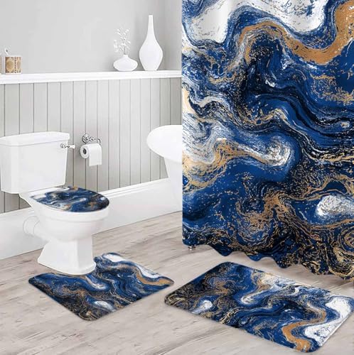 Blue Marble Bathroom Set with Curtain and Rug Accessories