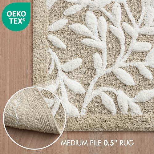 Madison Park Serene Cotton Tufted Bathroom Rug - Floral Leaf Design 21x34 Taupe