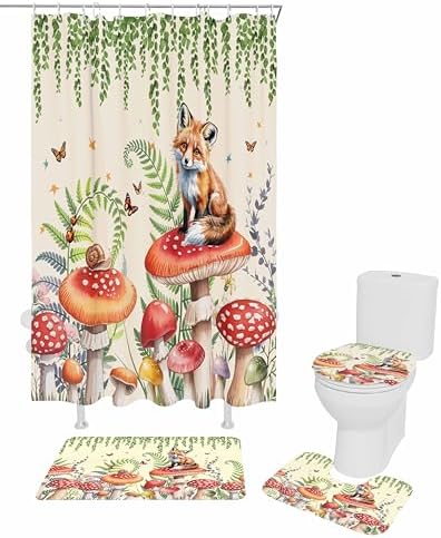 Mushroom Fox Bathroom Set - 36x72 Inches Retro Design