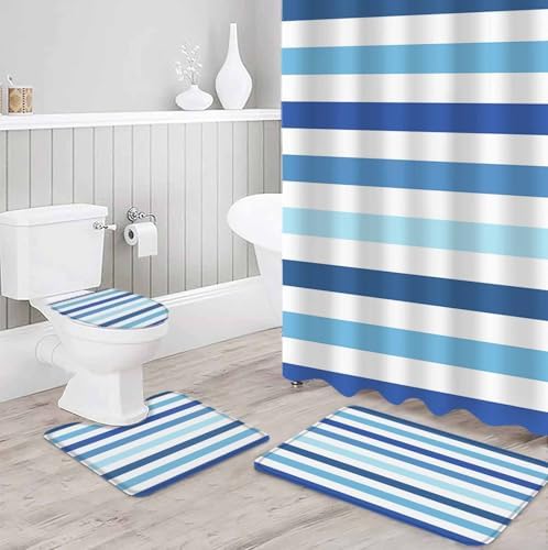 Blue Striped Bathroom Set with Shower Curtain and Rug
