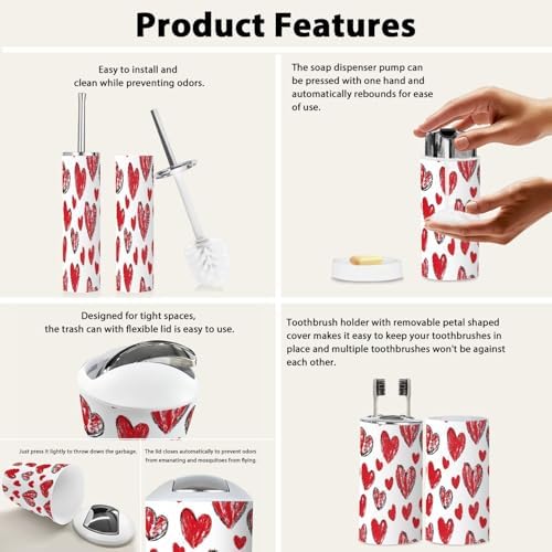 Boho Red Heart Bathroom Accessory Set 6 Piece