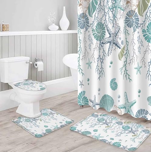 Coastal Bathroom Set with Rug and Hooks - 72x72 Inches