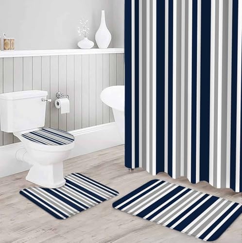 Navy Blue Grey Bathroom Set with Curtain Rug and Accessories 1