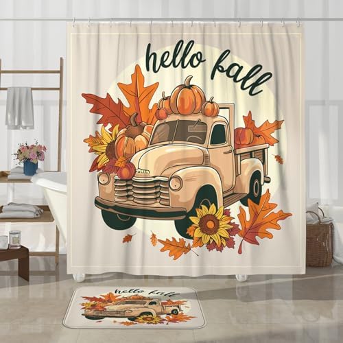 4PCS Fall Kawaii Truck Bathroom Sets with Non-Slip Rug