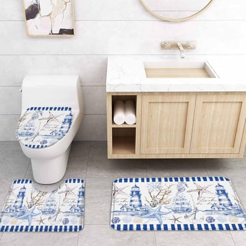 Coastal Blue Bathroom Set with Shower Curtain Rug and Accessories