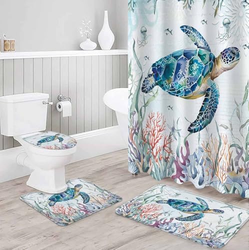 ZOE GARDEN Turtle Bathroom Set with Shower Curtain Rug and Accessories 1