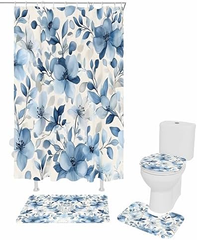 ZOE GARDEN Blue Flower Bath Set with Rug and Curtain