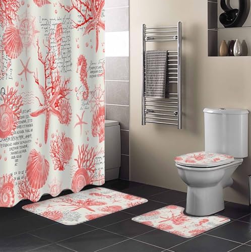 ZOE GARDEN Red Coastal Bath Set with Curtain Rug and Accessories