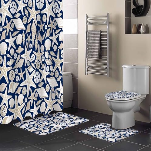 Navy Blue Ocean Bathroom Set with Rug and Accessories