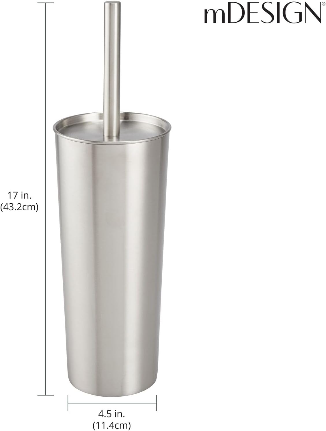 mDesign Slim Metal Toilet Brush Set with Holder - Rust-Resistant Silver
