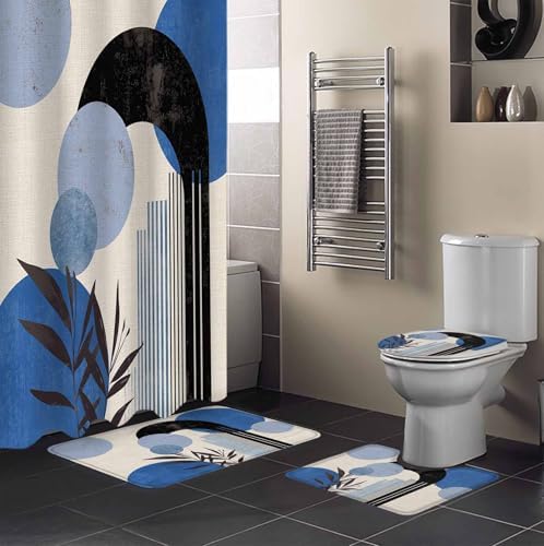 Boho Blue Bathroom Set with Curtain Rug and Hooks